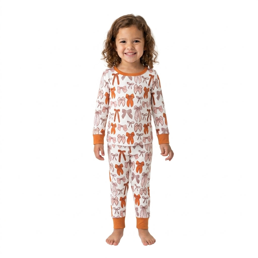 Long sleeves brown bow girls Thanksgiving pajamas