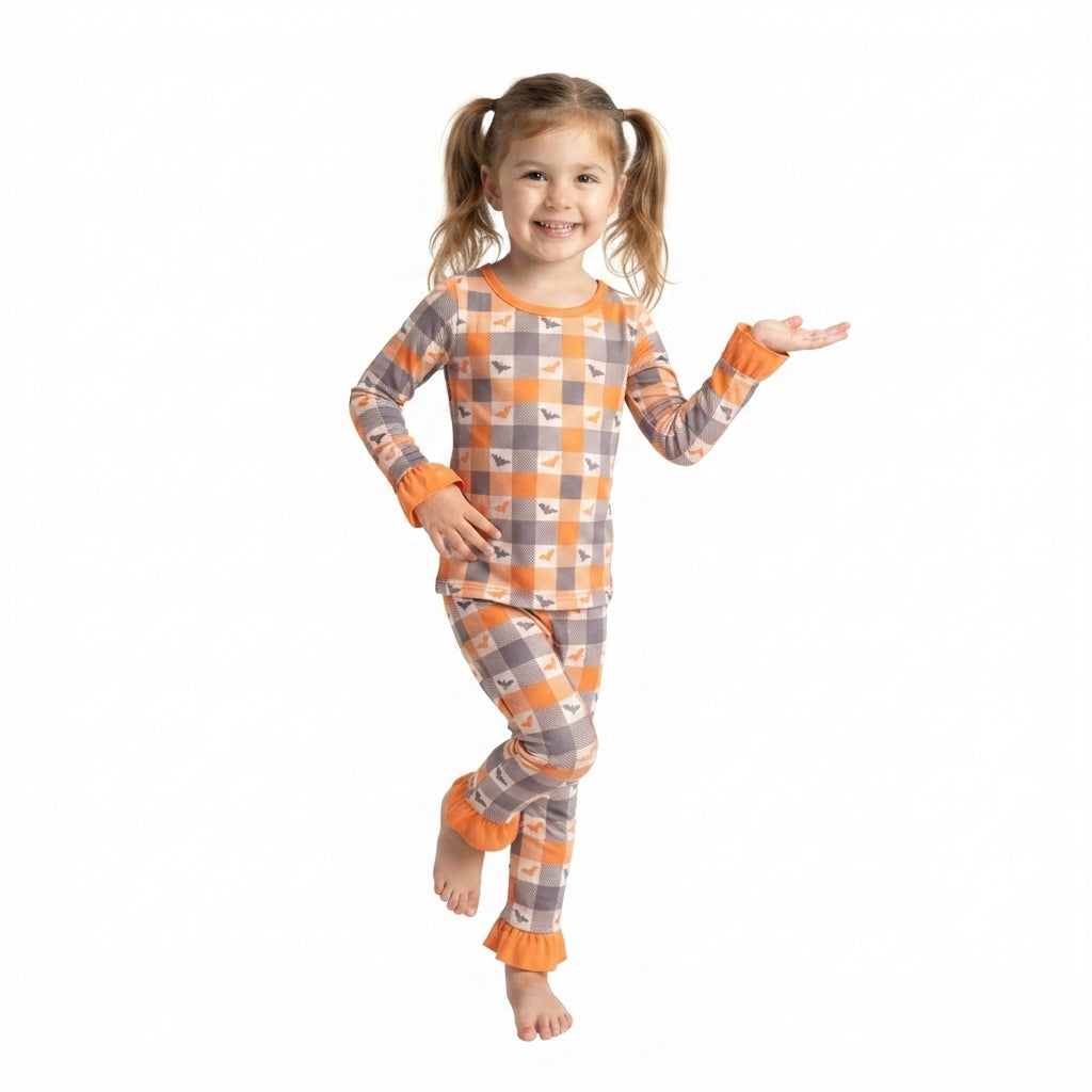 Long sleeves ruffle plaid bat kids girls Halloween pajamas