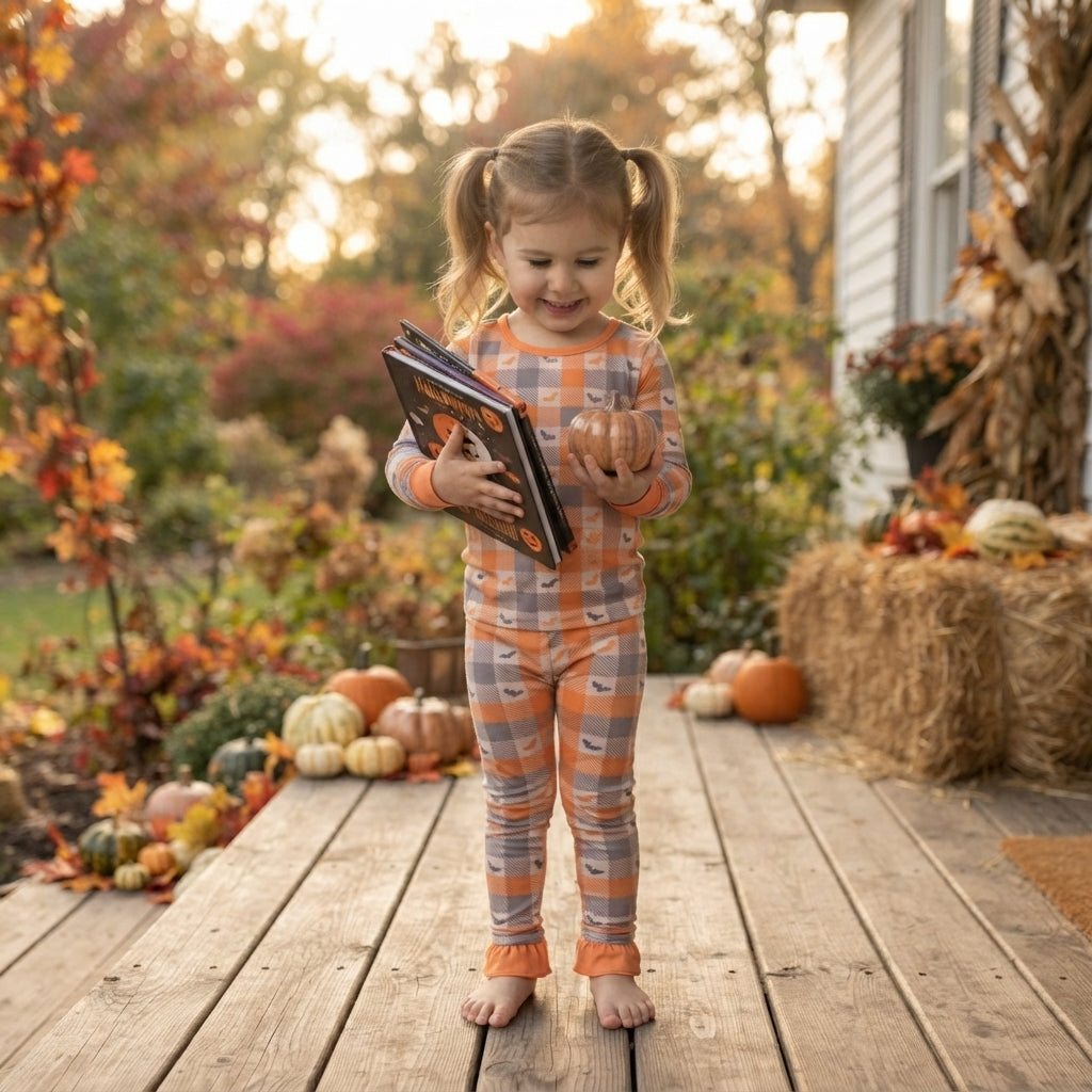 Long sleeves ruffle plaid bat kids girls Halloween pajamas