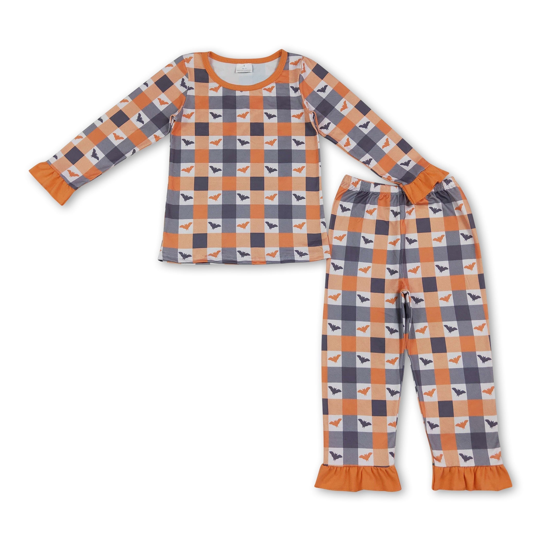 Long sleeves ruffle plaid bat kids girls Halloween pajamas