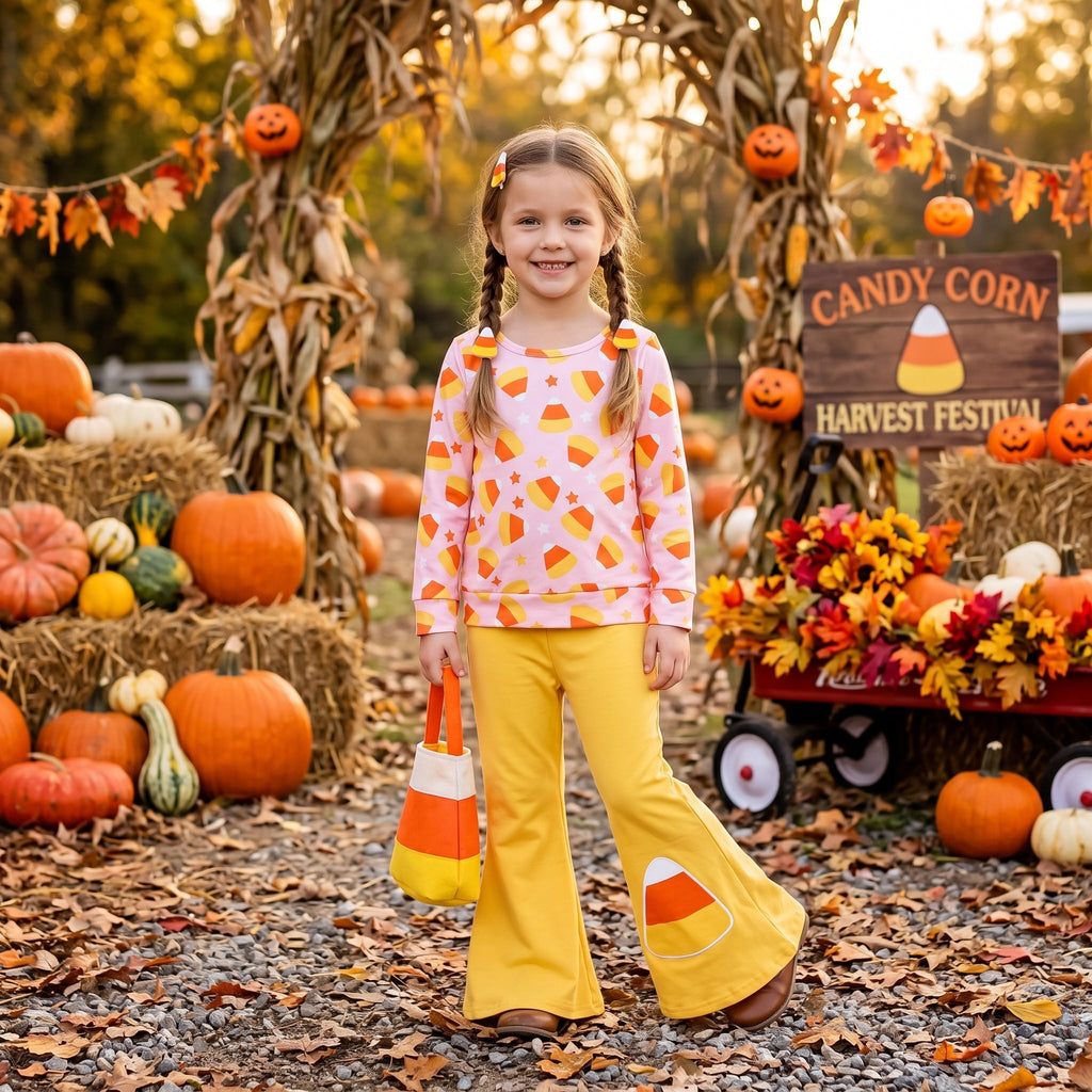 Long sleeves candy corn top pants girls Halloween outfit