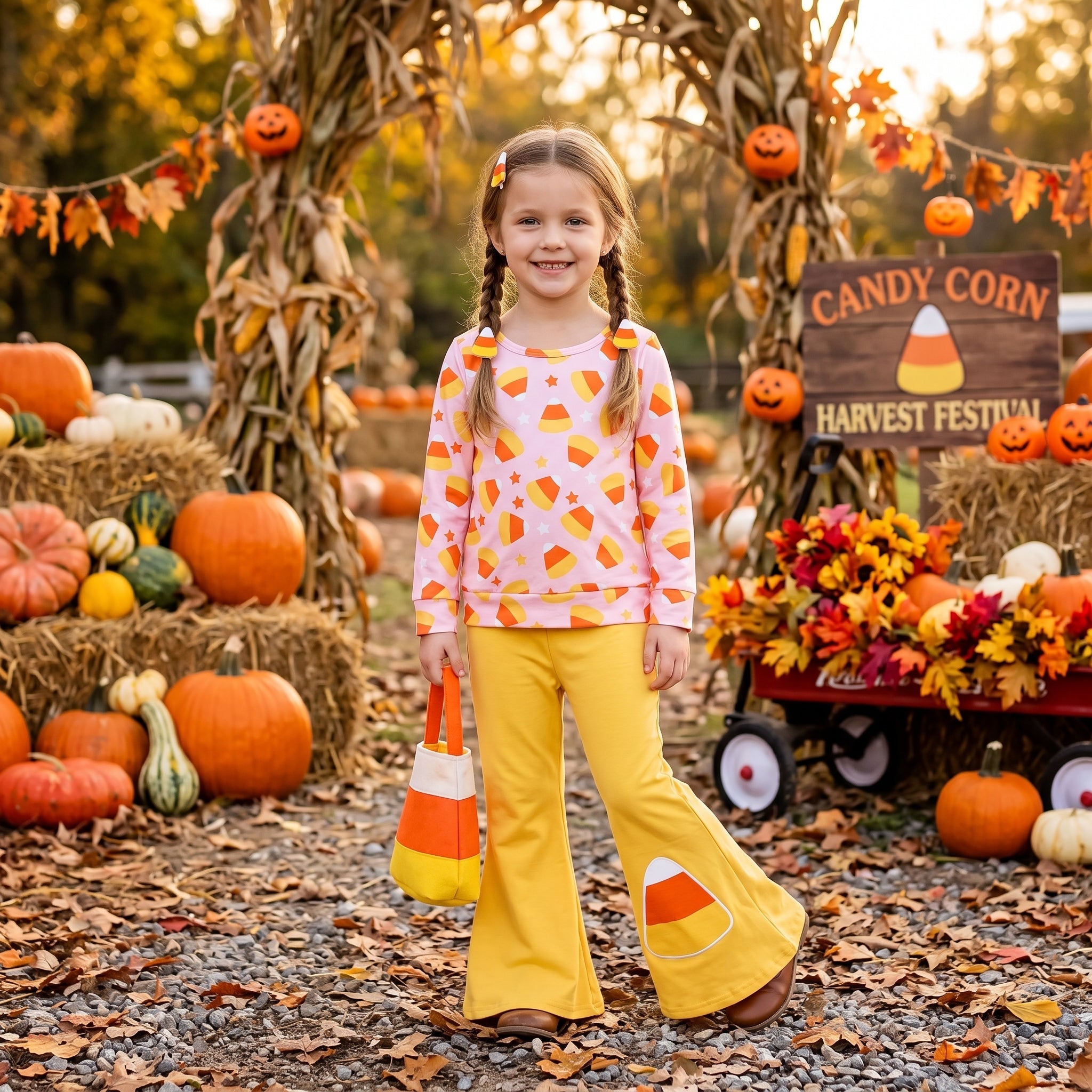 Long sleeves candy corn top pants girls Halloween outfit