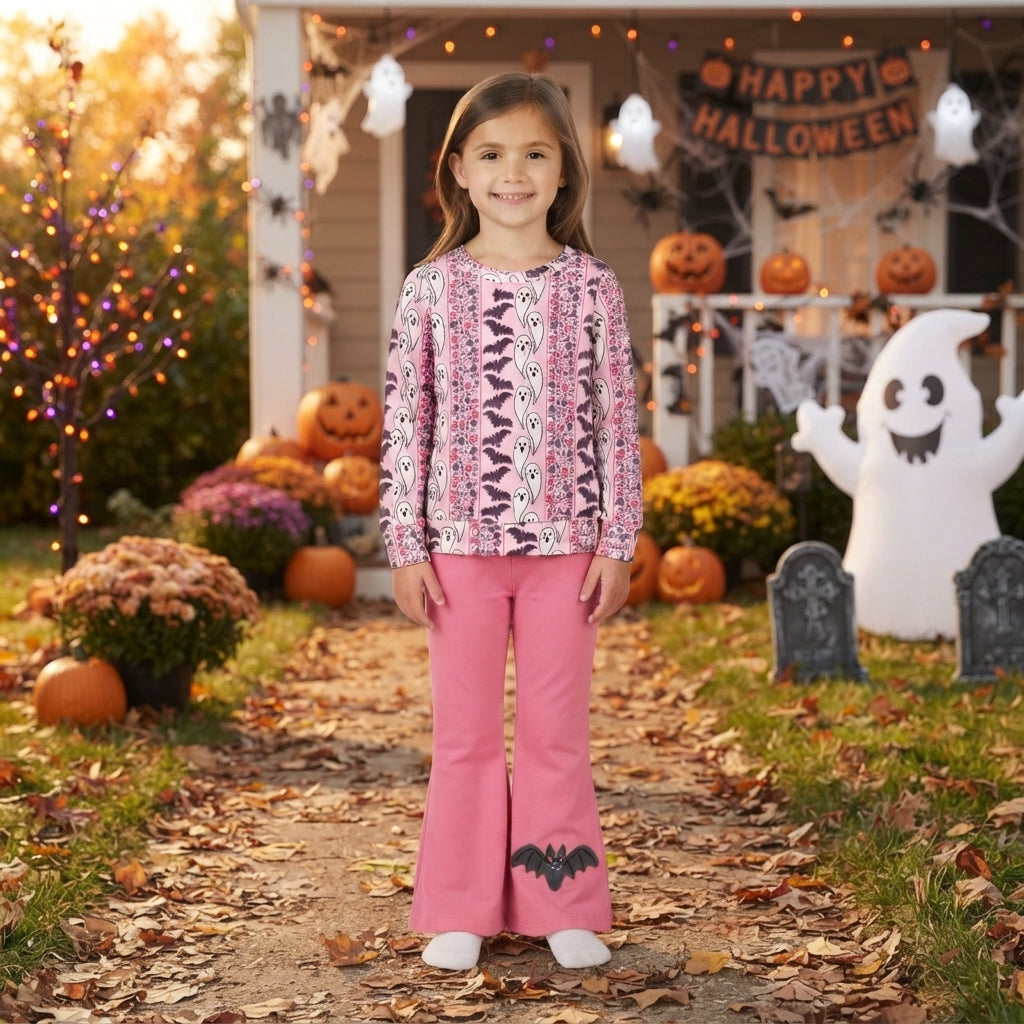 Long sleeves ghost bat top pants girls Halloween set