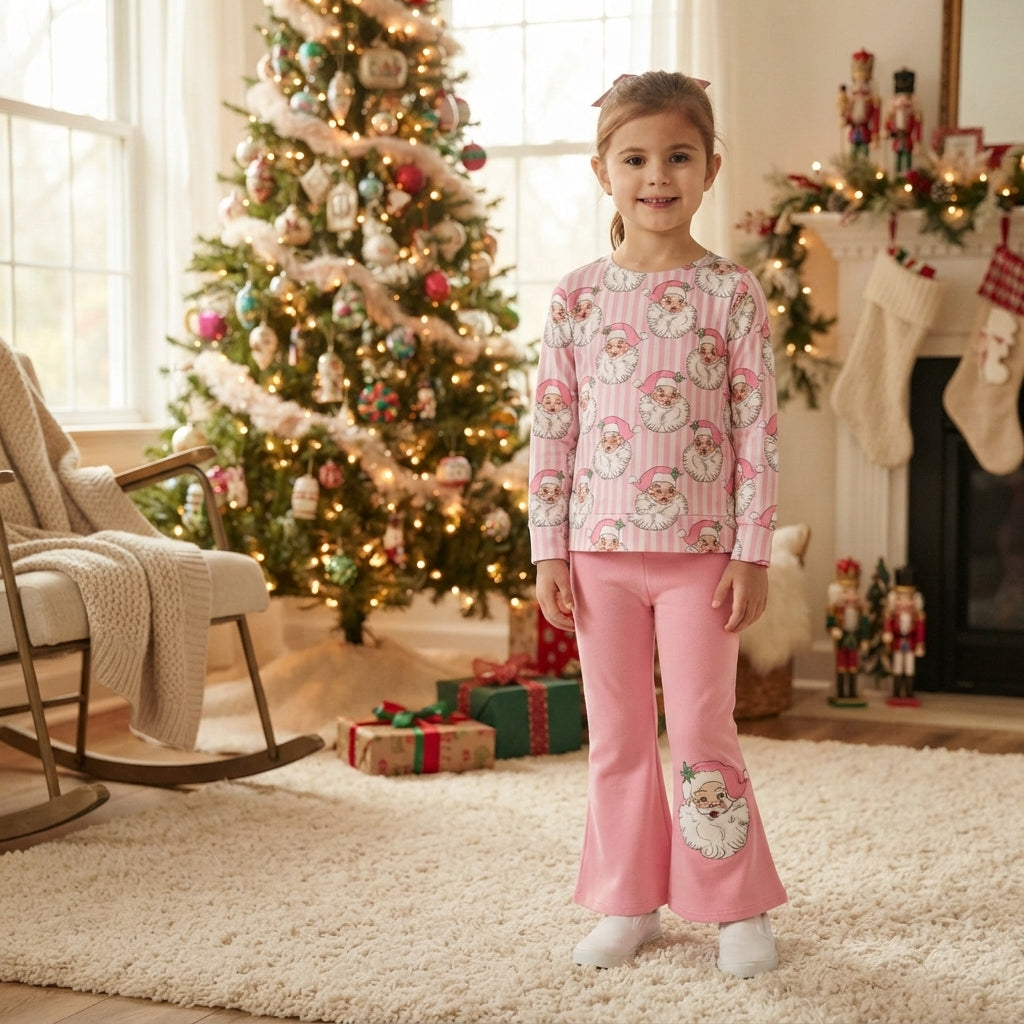 Pink stripe santa top pants girls Christmas outfits