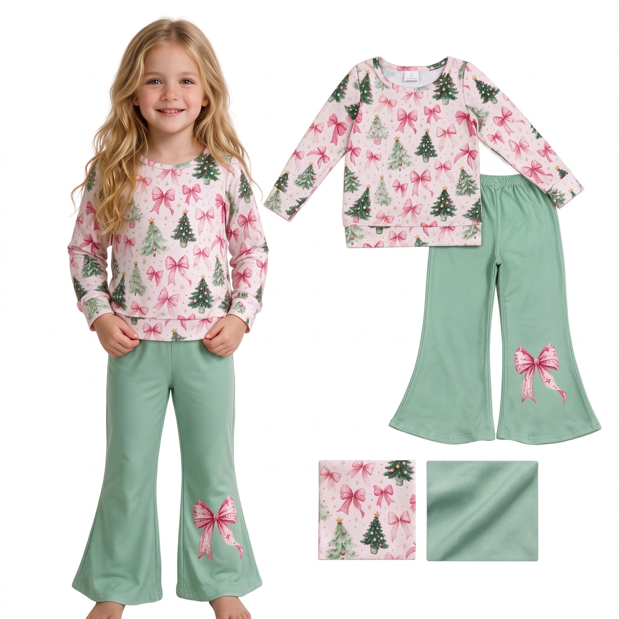 Pink bow Christmas tree top pants kids girls outfits