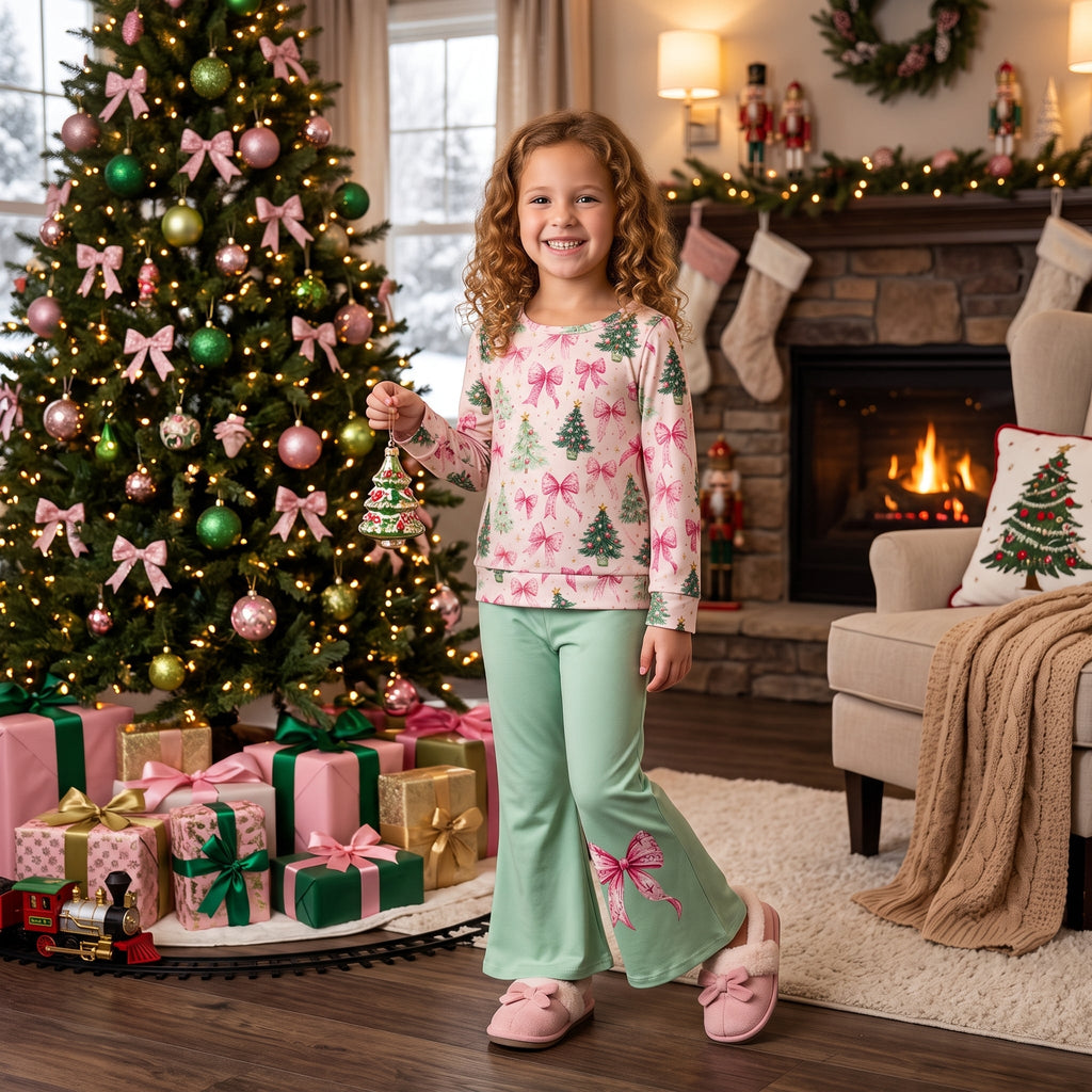 Pink bow Christmas tree top pants kids girls outfits