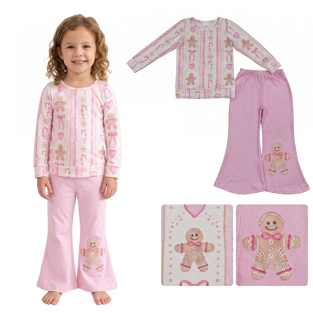 Gingerbread bow heart top pants girls Christmas outfits