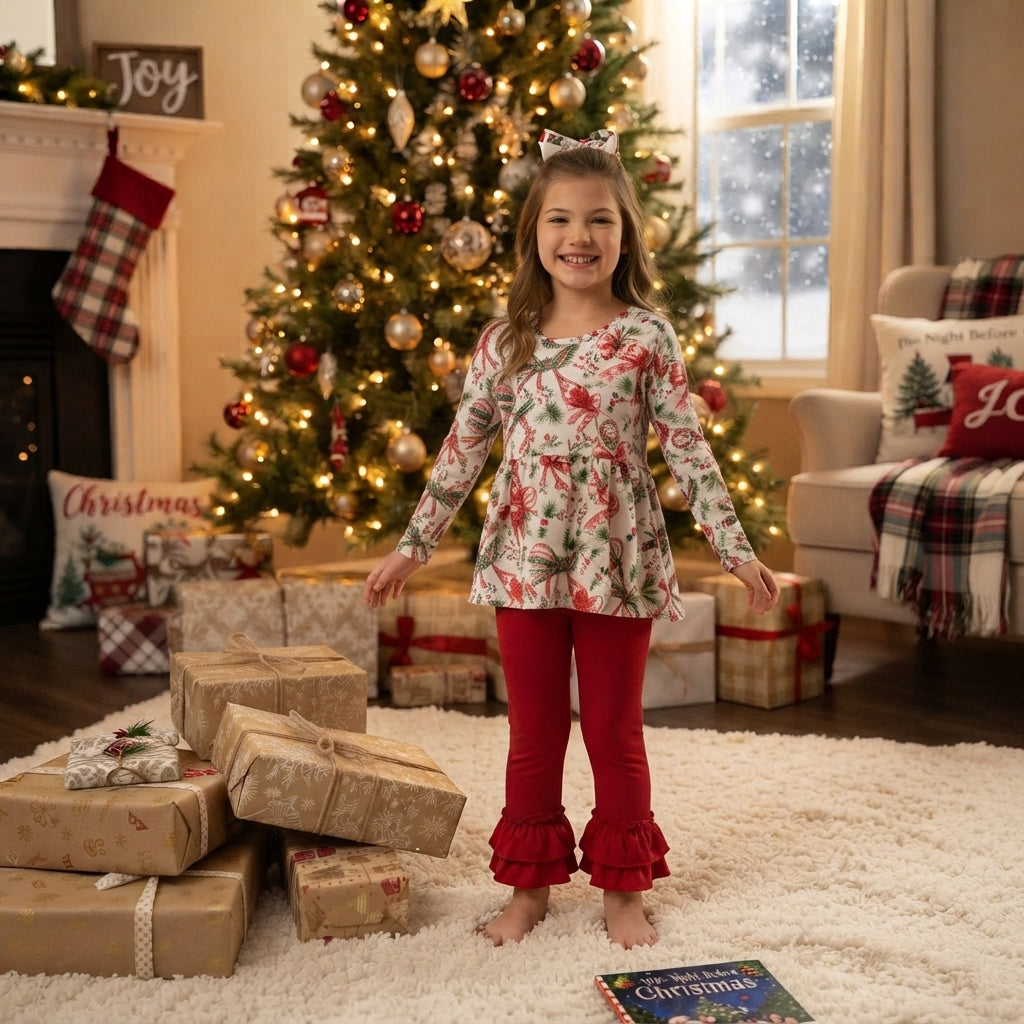 Red green bow tunic pants girls Christmas outfits