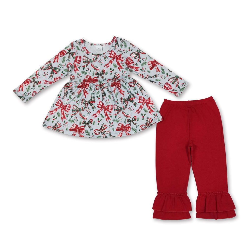 Red green bow tunic pants girls Christmas outfits