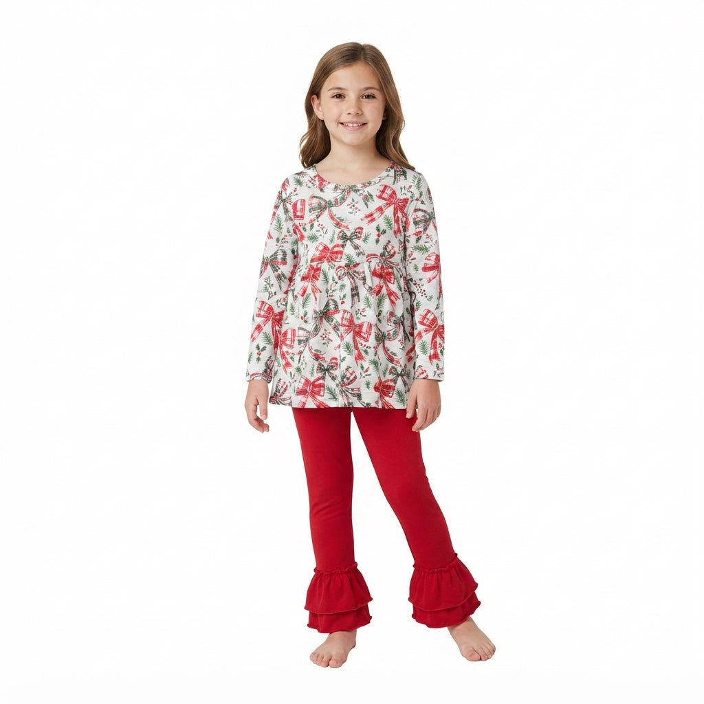 Red green bow tunic pants girls Christmas outfits