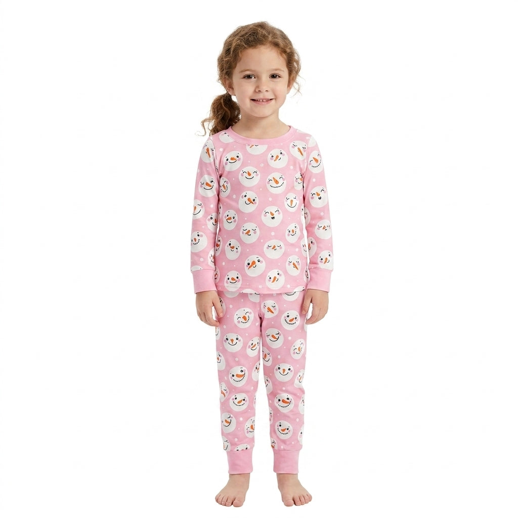Long sleeves pink snowman top pants girls pajamas