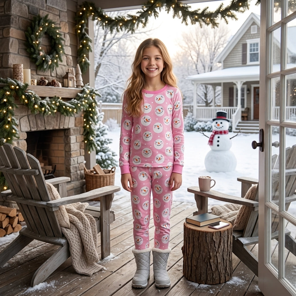 Long sleeves pink snowman top pants girls pajamas