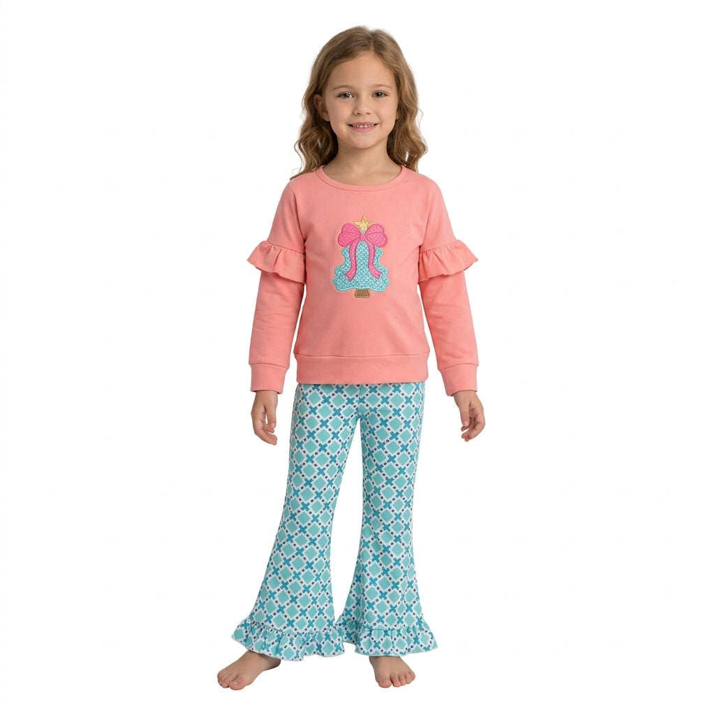 Christmas tree bow ruffle top pants kids girls outfits