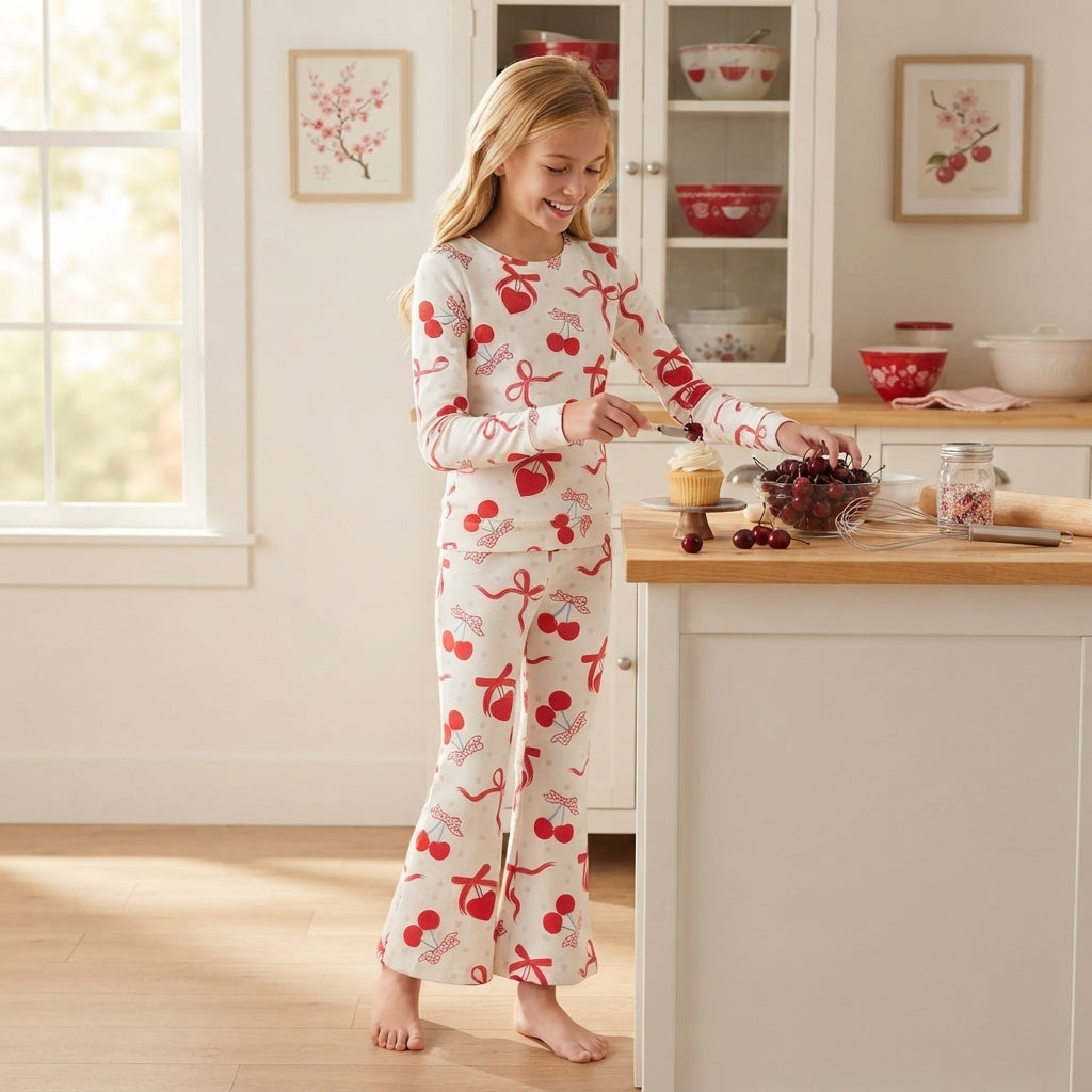 Cherry heart bow top pants girls Valentine's outfits