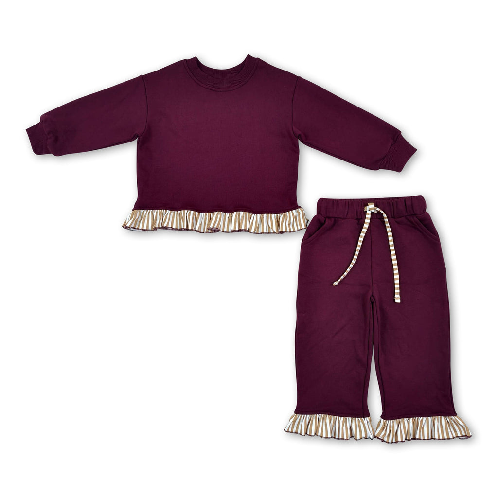 Long sleeves plaid ruffle top pants girls sweatshirt set
