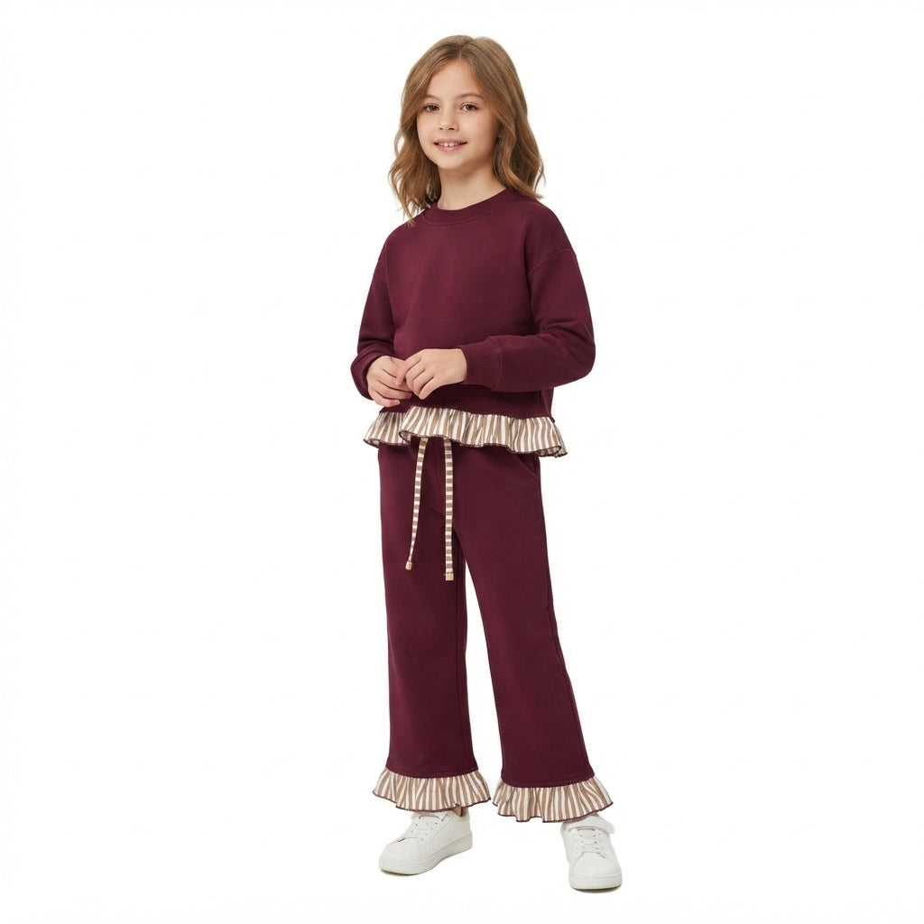Long sleeves plaid ruffle top pants girls sweatshirt set