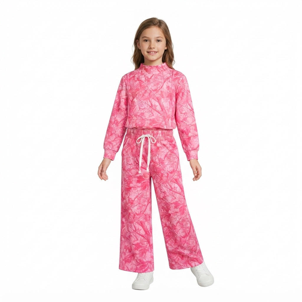 Long sleeves pink leaves camo kids girls outfits