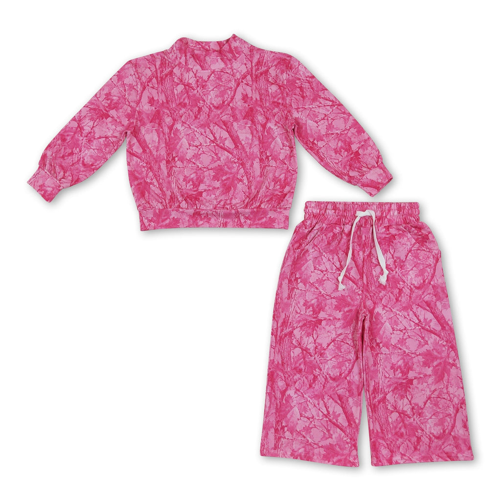 Long sleeves pink leaves camo kids girls outfits