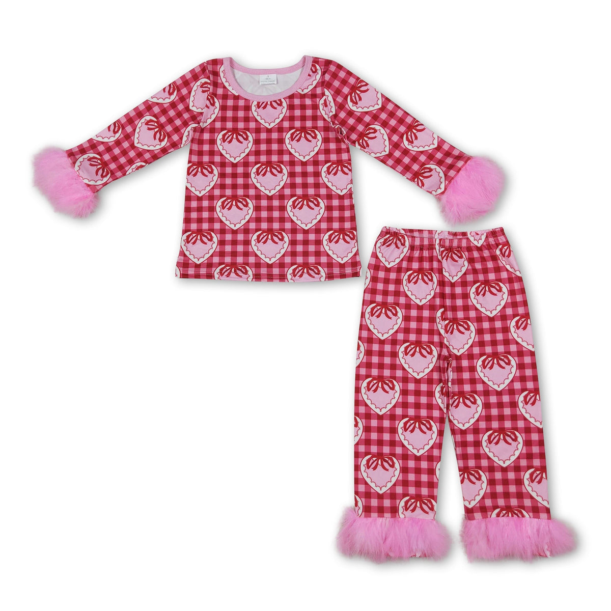 Fur sleeves plaid heart bow girls Valentine's pajamas