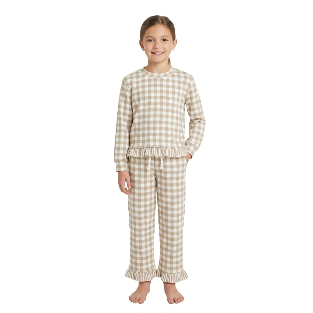 Long sleeves plaid stripe ruffle top pants girls outfits