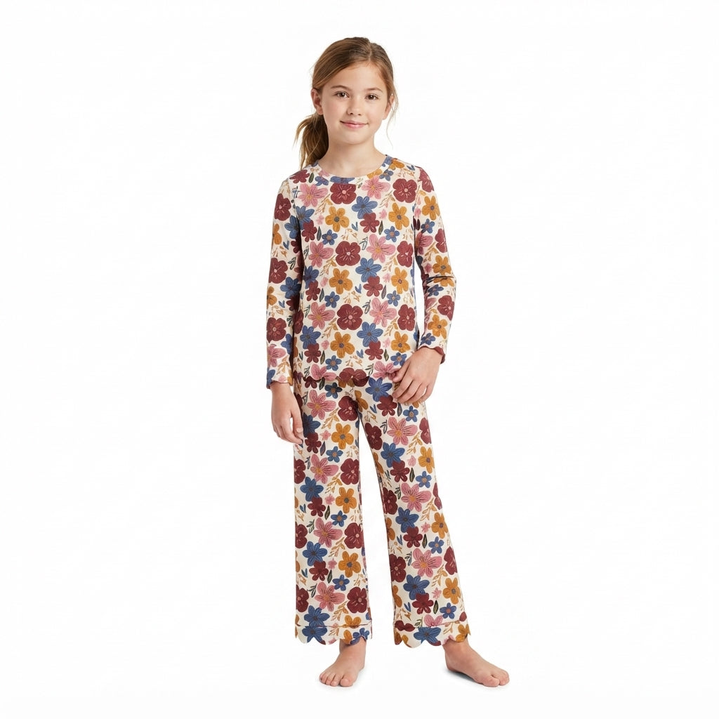 Long sleeves floral scallop top pants girls clothes