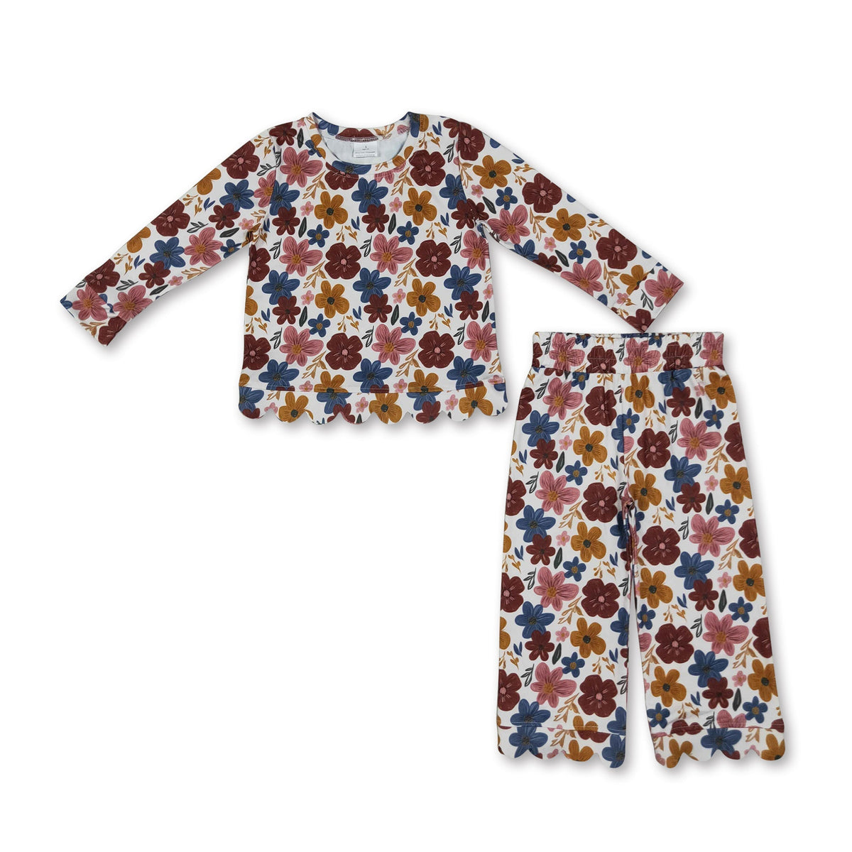 Long sleeves floral scallop top pants girls clothes