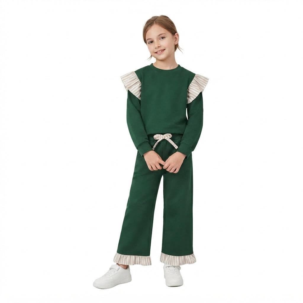 Stripe flutter long sleeves green top pants girls outfits