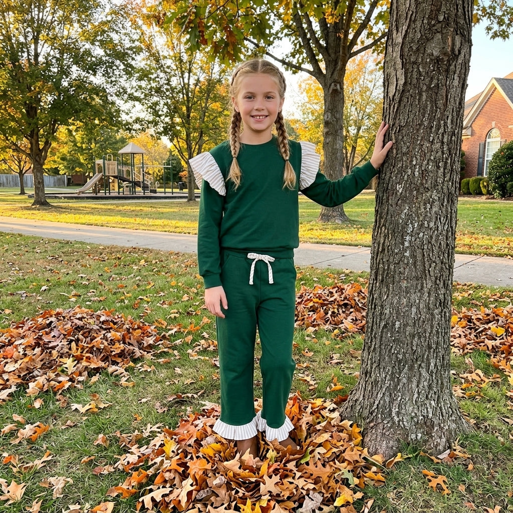 Stripe flutter long sleeves green top pants girls outfits