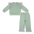 Stripe flutter long sleeves green top pants girls outfits