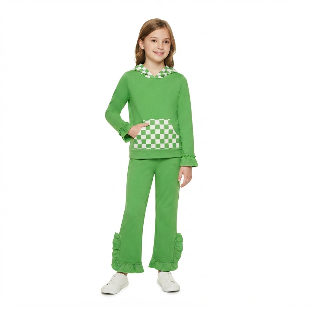 Green plaid pocket hoodie ruffle girls outfits
