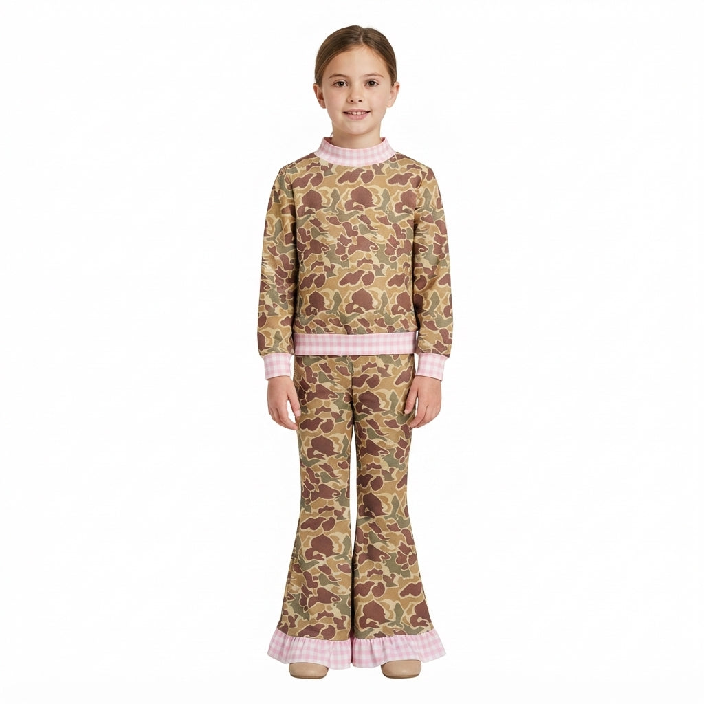 Pink plaid long sleeves camo top pants girls outfits