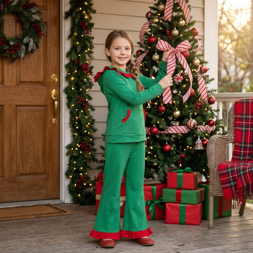 Red ruffle hoodie green pocket girls Christmas outfits