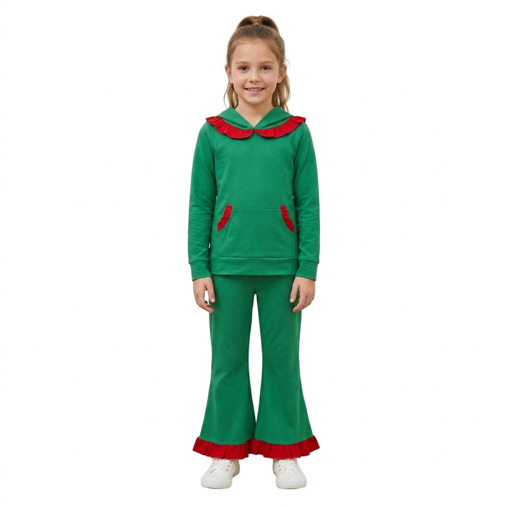 Red ruffle hoodie green pocket girls Christmas outfits