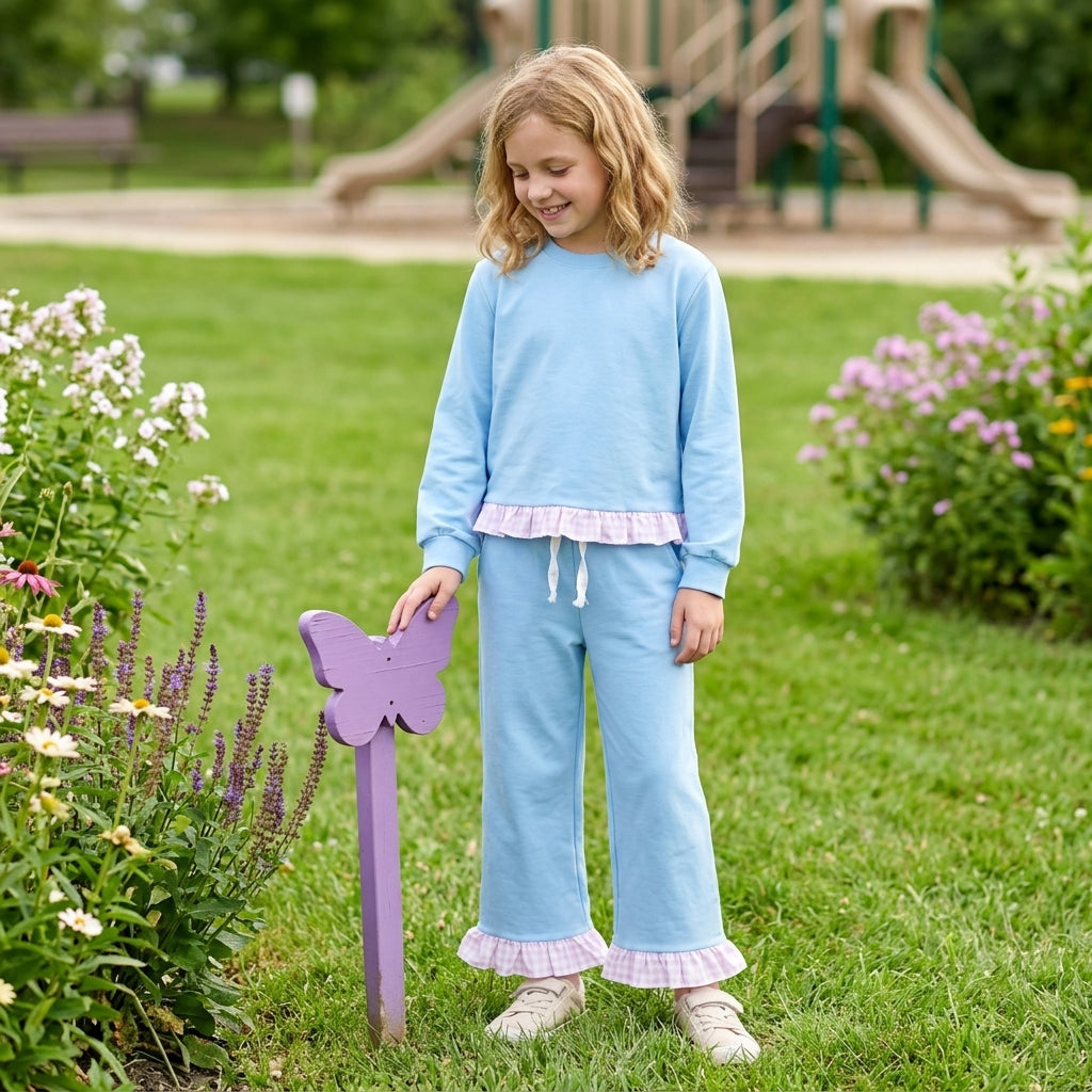 Long sleeves plaid ruffle light blue cotton girls outfits