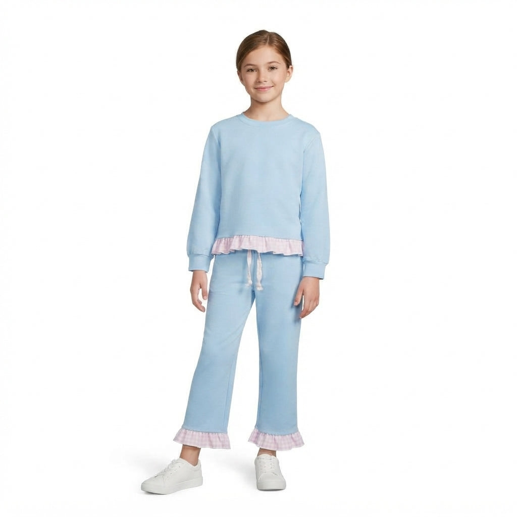 Long sleeves plaid ruffle light blue cotton girls outfits