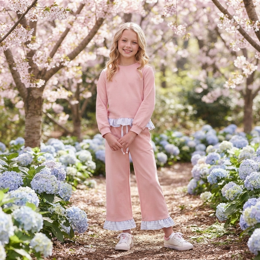 Long sleeves cotton plaid ruffle kids girls outfits