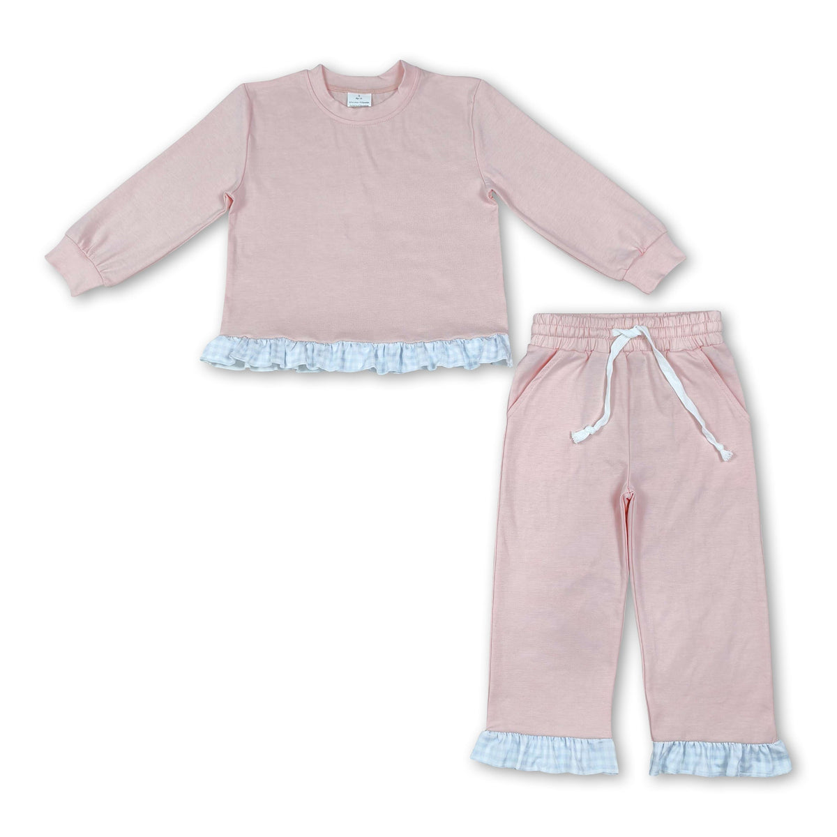 Long sleeves cotton plaid ruffle kids girls outfits