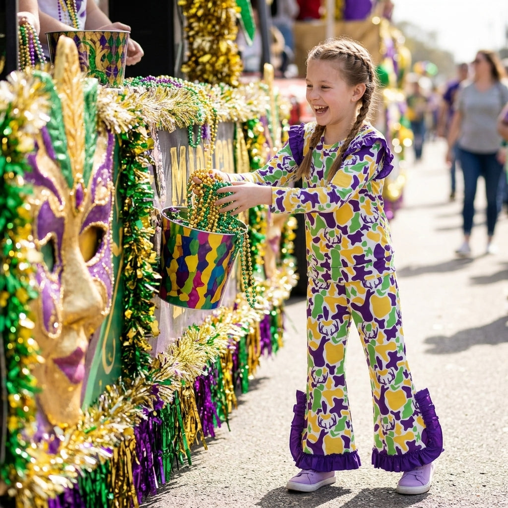 Deer camo ruffle top pants girls Mardi Gras outfits