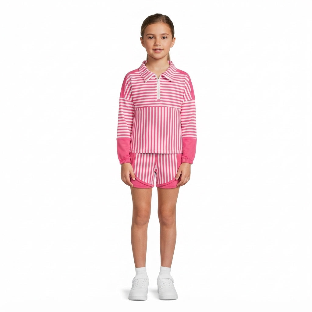 Hot pink stripe patchwork pullover shorts girls active set