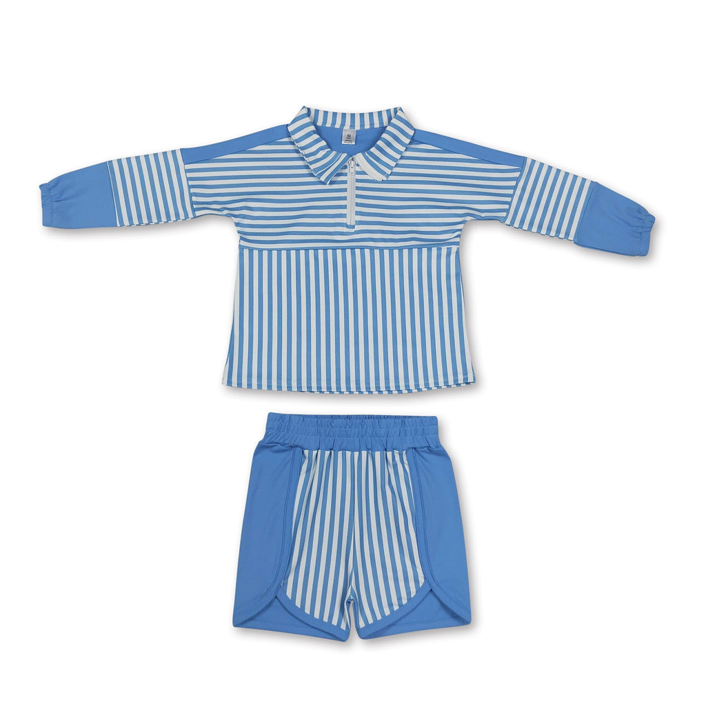 Light blue stripe patchwork pullover shorts girls active set