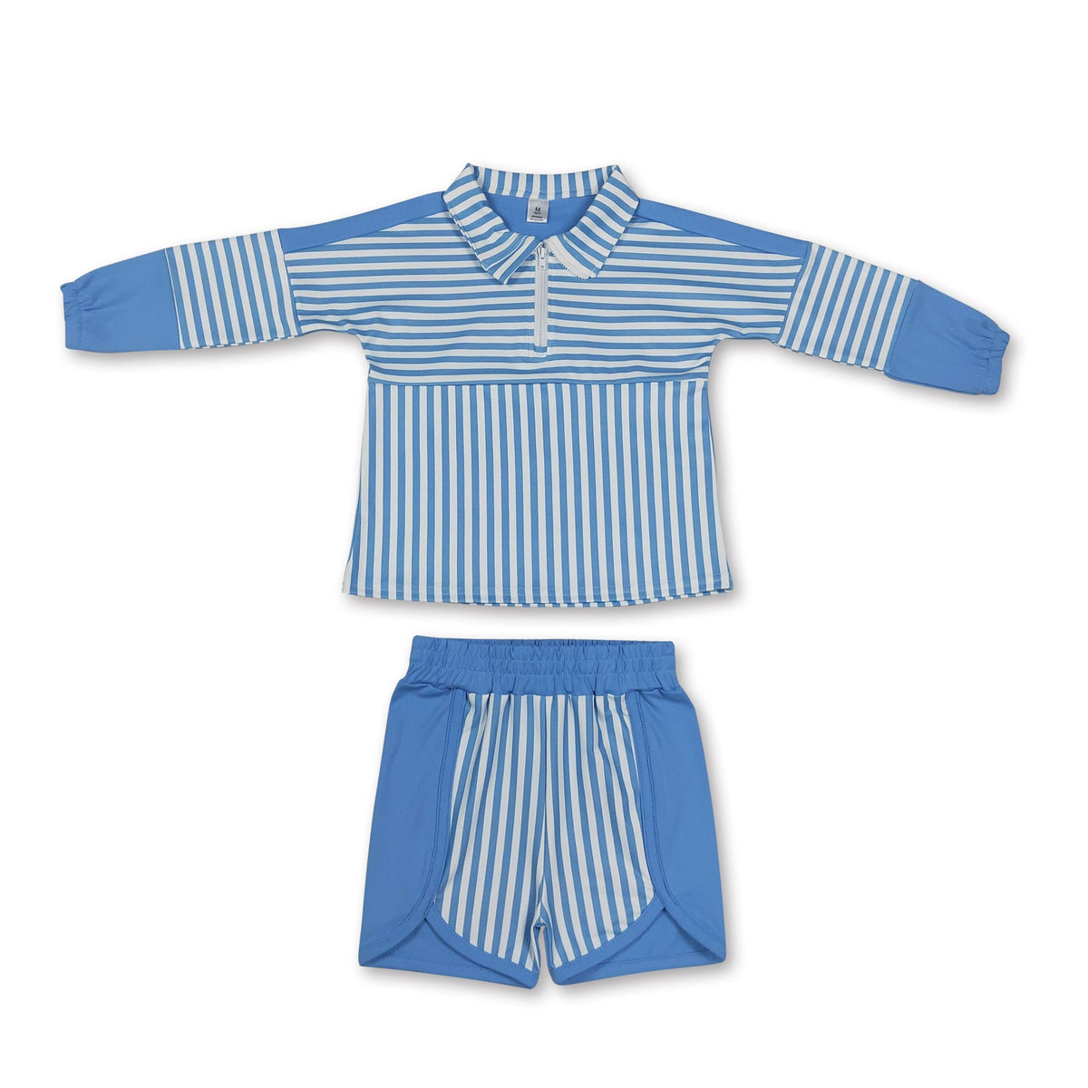 Light blue stripe patchwork pullover shorts girls active set