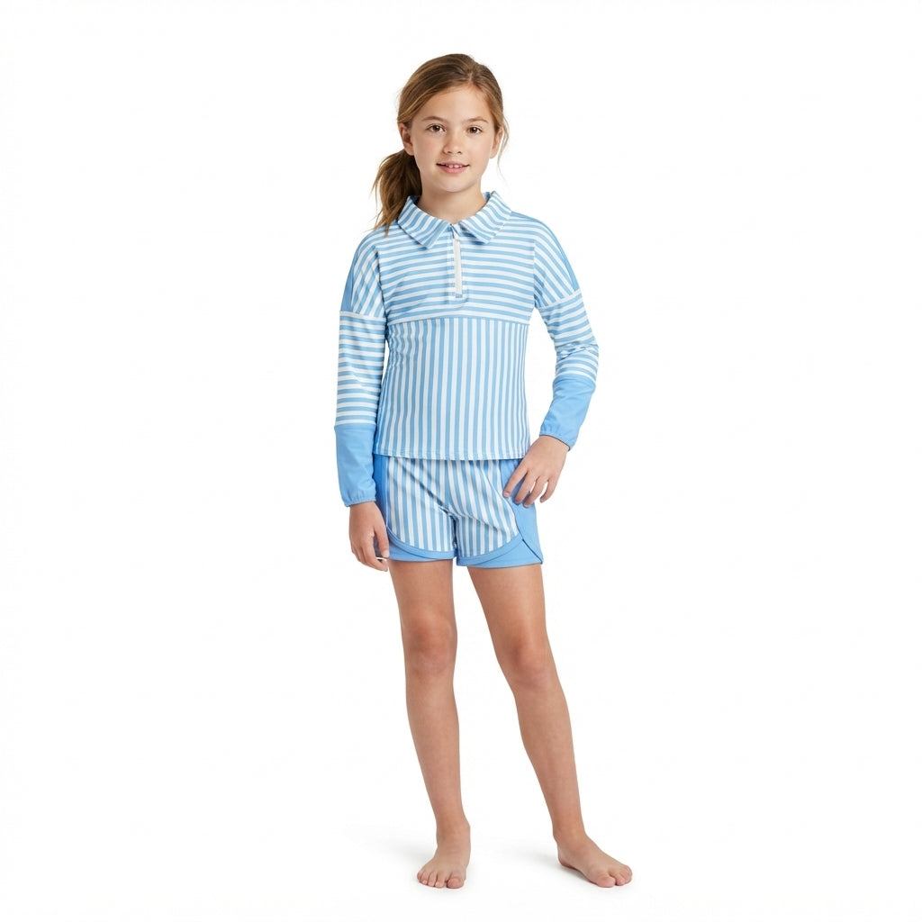 Light blue stripe patchwork pullover shorts girls active set