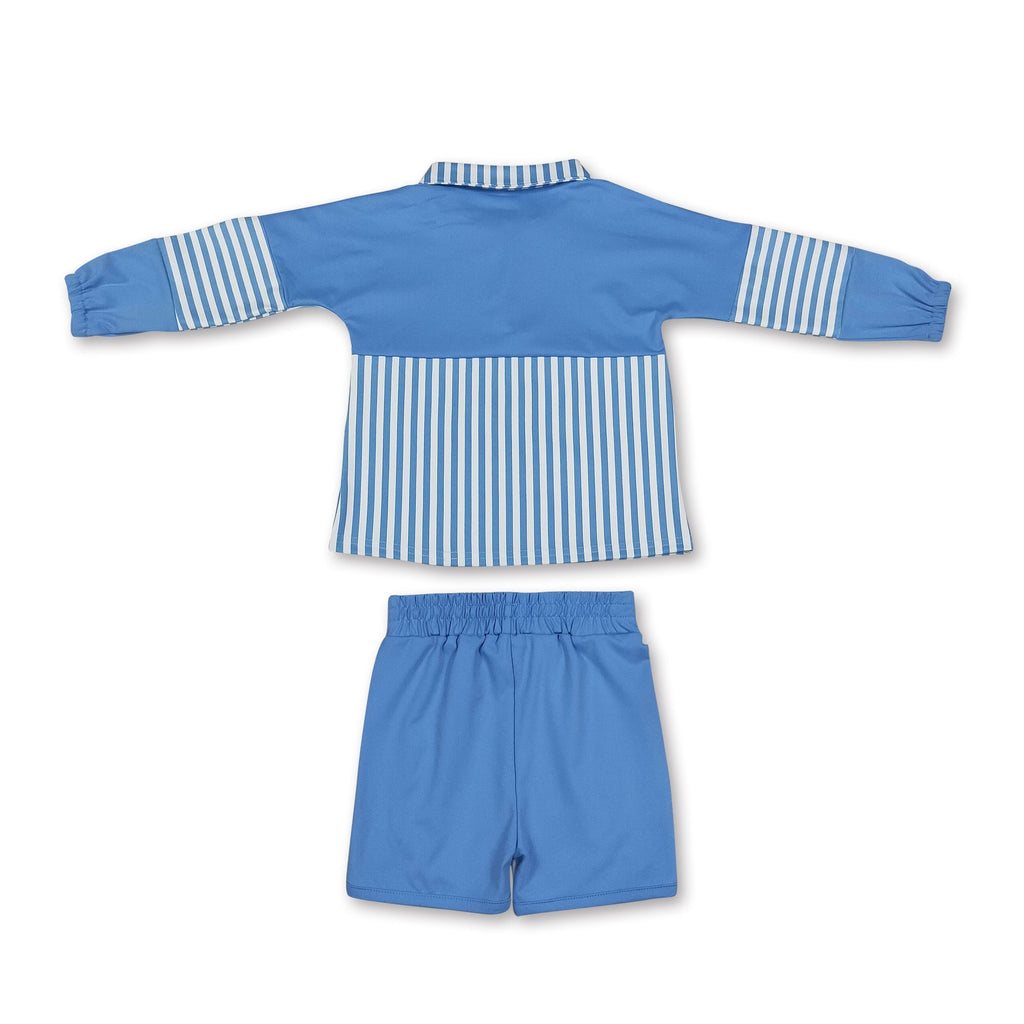 Light blue stripe patchwork pullover shorts girls active set