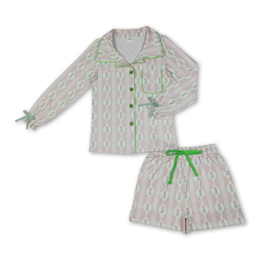 Pink Christmas tree bow button down women pjs set
