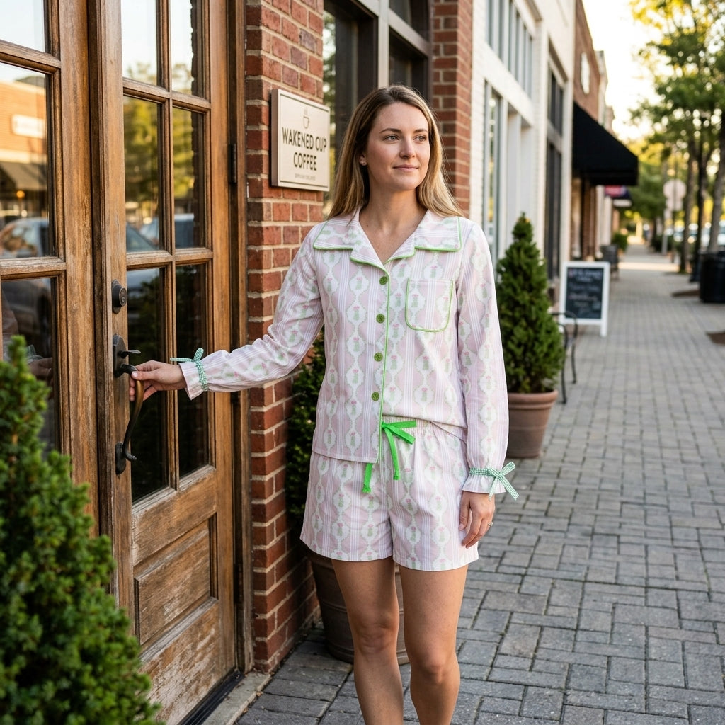 Pink Christmas tree bow button down women pjs set