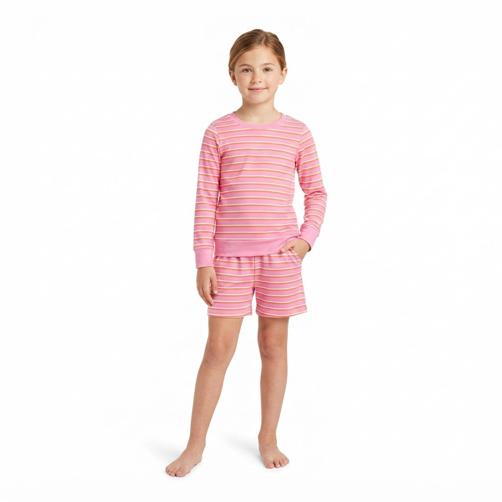 Pink stripe long sleeves top shorts girls active wear set