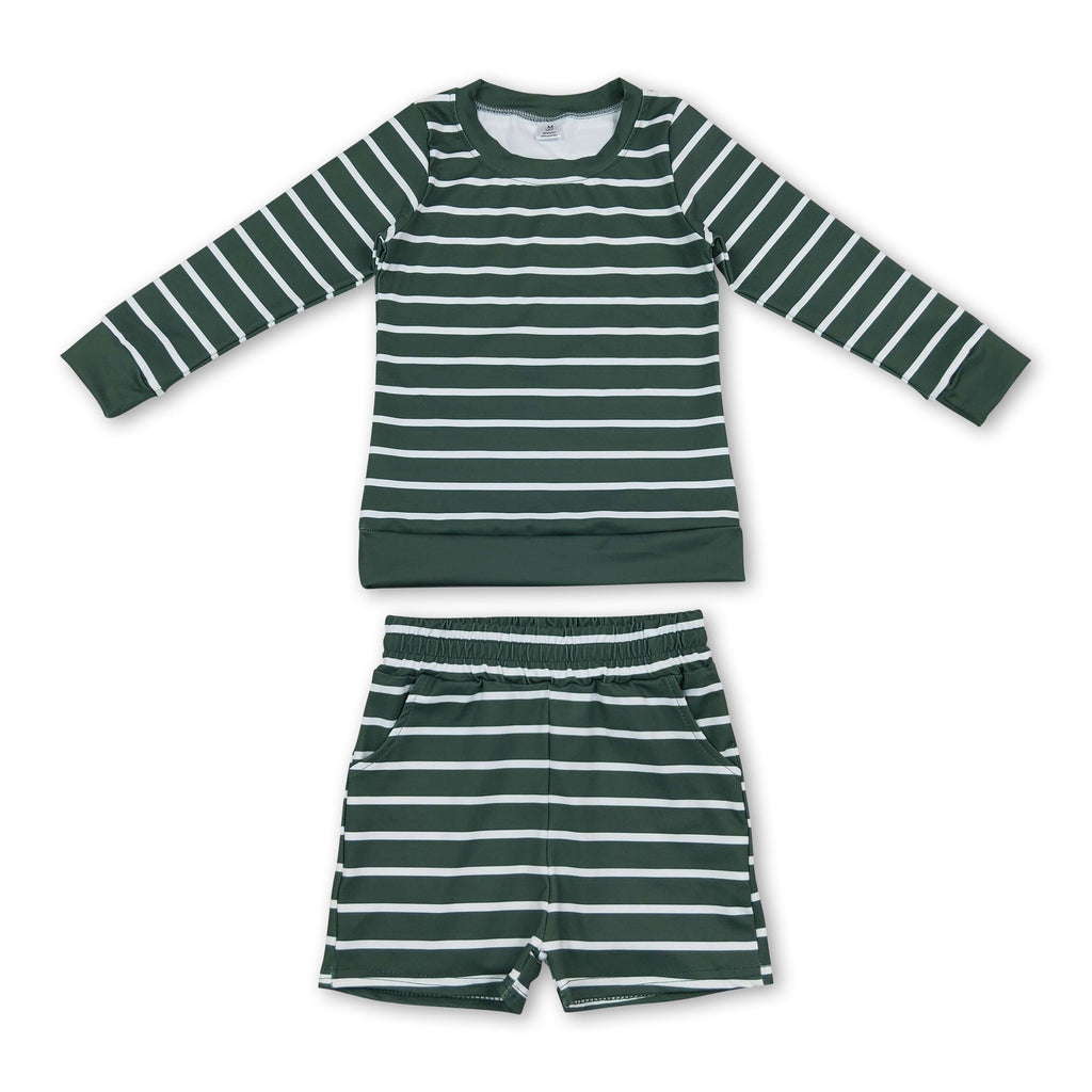 Dark green stripe long sleeves top shorts girls active wear set