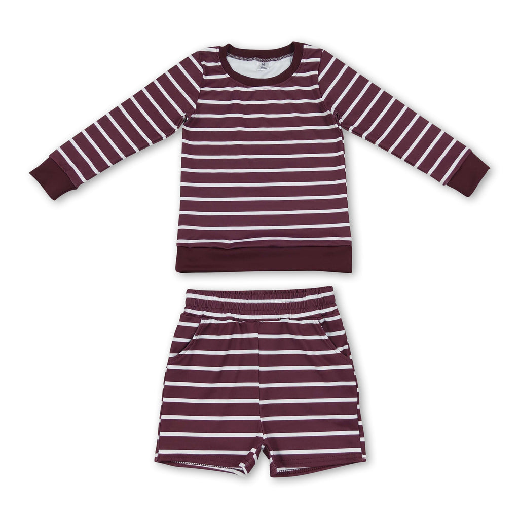 Wine red stripe long sleeves top shorts girls active wear set