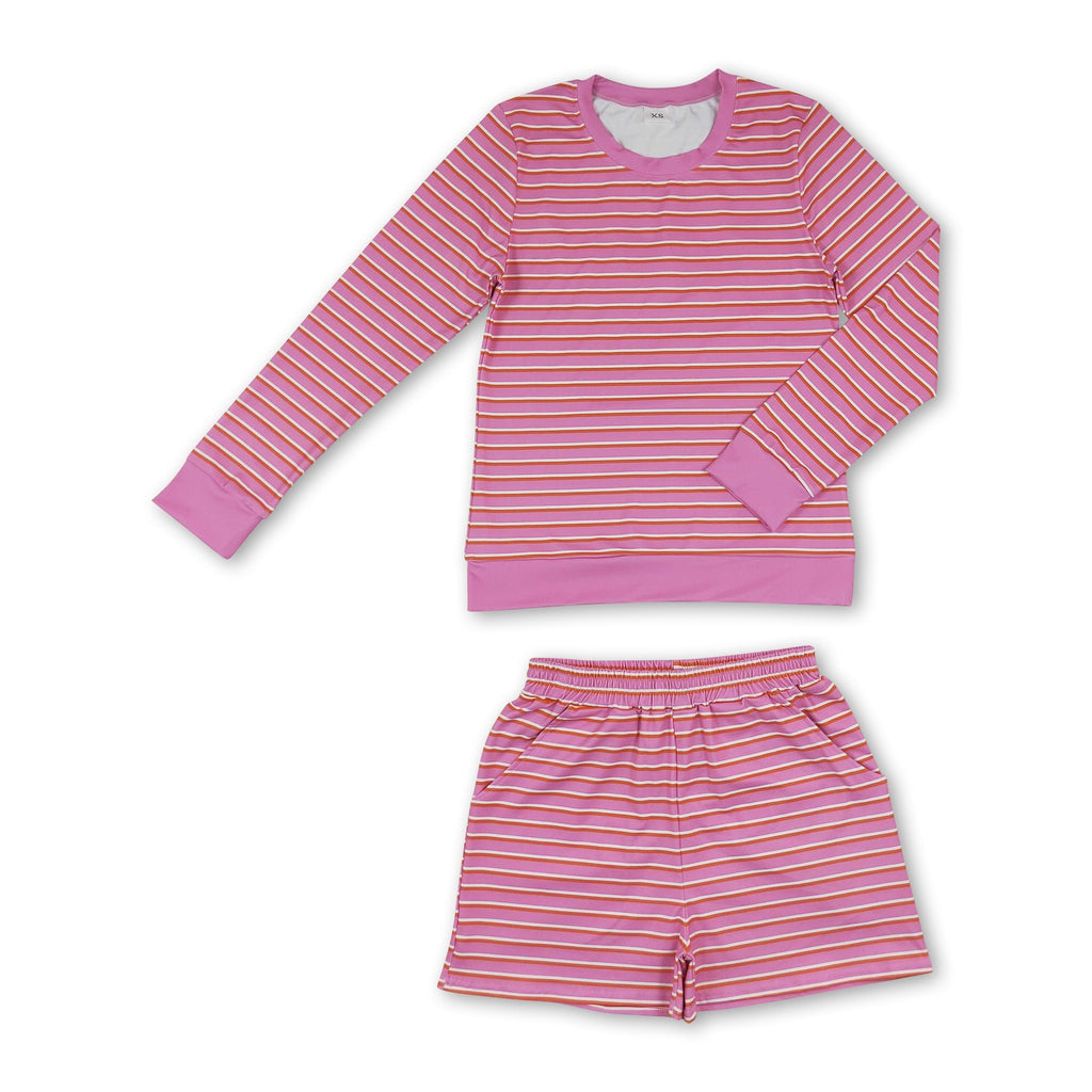 Pink stripe long sleeves top shorts women active wear set