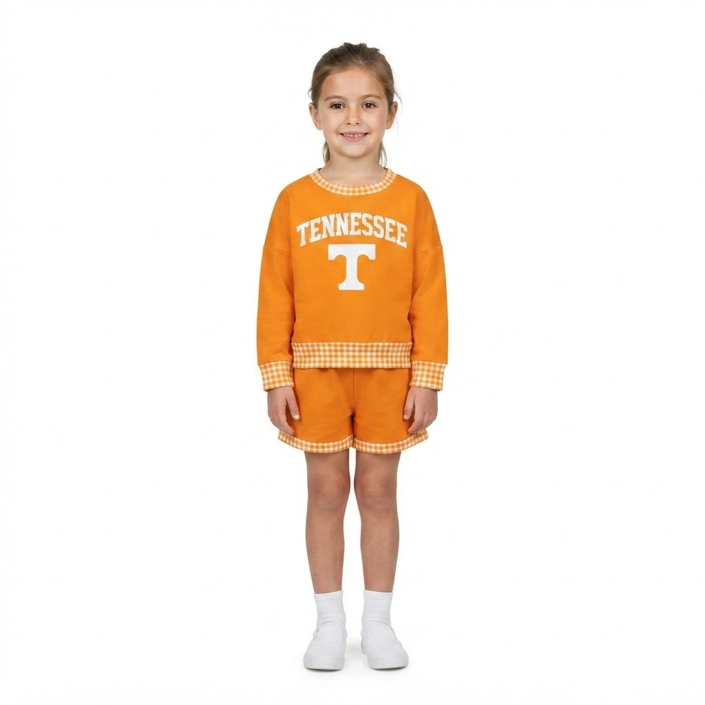 Long sleeves orange T vinyl top shorts girls team outfits